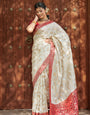 Comely Beige Soft Silk Saree With Brood Blouse Piece