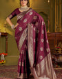 Ailurophile Maroon Pure Banarasi Silk Saree With Nectarous Blouse Piece