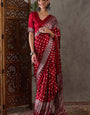 Brood Red Ajrakh Printed Semi Modal Silk Saree With Chatoyant Blouse Piece