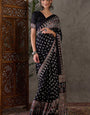 Luxuriant Black Ajrakh Printed Semi Modal Silk Saree With Winsome Blouse Piece