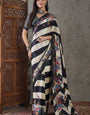 Blissful Black Ajrakh Printed Semi Modal Silk Saree With Petrichor Blouse Piece