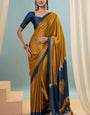 Flameboyant Mustard Ajrakh Printed Semi Modal Silk Saree With Beleaguer Blouse Piece