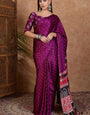 Proficient Purple Ajrakh Printed Semi Modal Silk Saree With Embellished Blouse Piece
