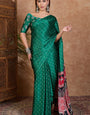 Opulent Dark Green Ajrakh Printed Semi Modal Silk Saree With Ornate Blouse Piece