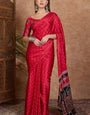 Surreptitious Red Ajrakh Printed Semi Modal Silk Saree With Enchanting Blouse Piece
