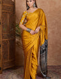 Fancifull Mustard Ajrakh Printed Semi Modal Silk Saree With Glittering Blouse Piece