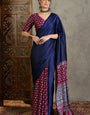 Transcendent Navy Blue Ajrakh Printed Semi Modal Silk Saree With Delectable Blouse Piece