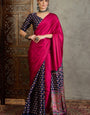Nebula Dark Pink Ajrakh Printed Semi Modal Silk Saree With Snazzy Blouse Piece