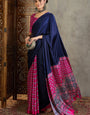 Seraphic Navy Blue Ajrakh Printed Semi Modal Silk Saree With Conflate Blouse Piece