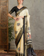 Cynosure Off White Ajrakh Printed Semi Modal Silk Saree With Dulcet Blouse Piece