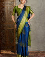Ephemeral Navy Blue Ajrakh Printed Semi Modal Silk Saree With Eloquence Blouse Piece