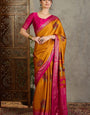 Alluring Mustard Ajrakh Printed Semi Modal Silk Saree With Beautiful Blouse Piece