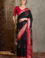 Flamboyant Black Ajrakh Printed Semi Modal Silk Saree With Angelic Blouse Piece