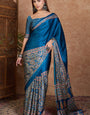 Preferable Rama Ajrakh Printed Semi Modal Silk Saree With Diaphanous Blouse Piece