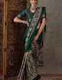 Most Sophisticated Dark Green Ajrakh Printed Semi Modal Silk Saree With Mesmeric Blouse Piece