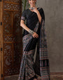 Desiring Black Ajrakh Printed Semi Modal Silk Saree With Assemblage Blouse Piece