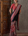 Refreshing Black Ajrakh Printed Semi Modal Silk Saree With Scintillating Blouse Piece