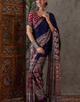 Imbrication Navy Blue Ajrakh Printed Semi Modal Silk Saree With Elegant Blouse Piece