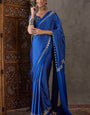 Most Artistic Blue Ajrakh Printed Semi Modal Silk Saree With Enticing Blouse Piece