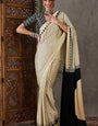 Exuberant Beige Ajrakh Printed Semi Modal Silk Saree With Sumptuous Blouse Piece