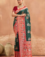 Amazing Dark Green Pure Zari Weaving Banarasi Silk Saree With Charismatic Blouse Piece
