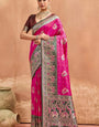 Cynosure Dark Pink Pure Zari Weaving Banarasi Silk Saree With Imbrication Blouse Piece