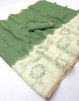 Blissful Beige And Green Printed Cotton Silk Saree With Scintilla Blouse Piece