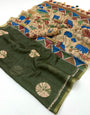 Girlish Dark Green Printed Cotton Silk Saree With Majesty Blouse Piece