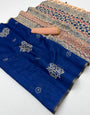 Beleaguer Royal Blue Printed Cotton Silk Saree With Gratifying Blouse Piece