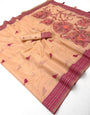 Gorgeous Peach Pure Munga Cotton Silk Saree With Imbrication Blouse Piece