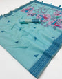 Exquisite Sky Pure Munga Cotton Silk Saree With Sizzling Blouse Piece