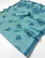 Sumptuous Sky Pure Munga Cotton Silk Saree With Outstanding Blouse Piece