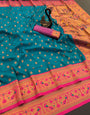 Sonorous Rama Paithani Silk Saree With Resplendent Blouse Piece