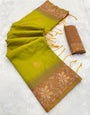 Deserving Mehndi Soft Banarasi Silk Saree With Tremendous Blouse Piece