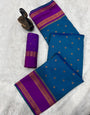 Staggering Teal Blue Soft Banarasi Silk Saree With Demure Blouse Piece