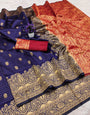 Glittering Navy Blue Soft Silk Saree With Elaborate Blouse Piece