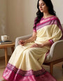 Devastating Beige Digital Printed Dola Silk Saree With Radiant Blouse Piece