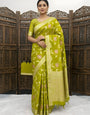 Stylish Mehndi Banarasi Dola Silk Saree With Angelic Blouse Piece