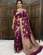 Groovy Wine Banarasi Dola Silk Saree With Epiphany Blouse Piece