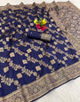 Pretty Navy Blue Soft Silk Saree With Denouement Blouse Piece