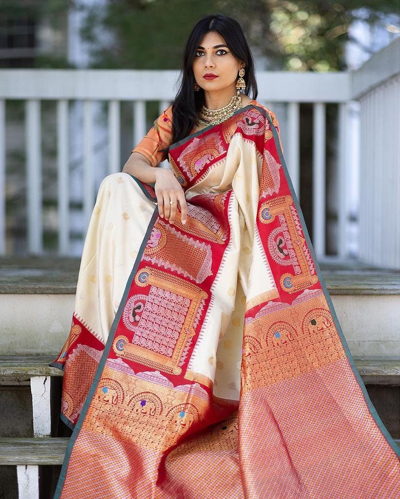 Attractive Off White Soft Banarasi Silk Saree With Bewitching Blouse Piece