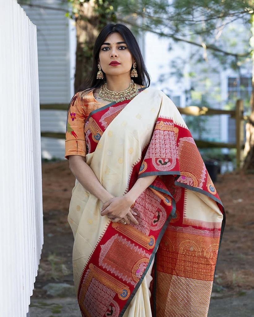 Attractive Off White Soft Banarasi Silk Saree With Bewitching Blouse Piece