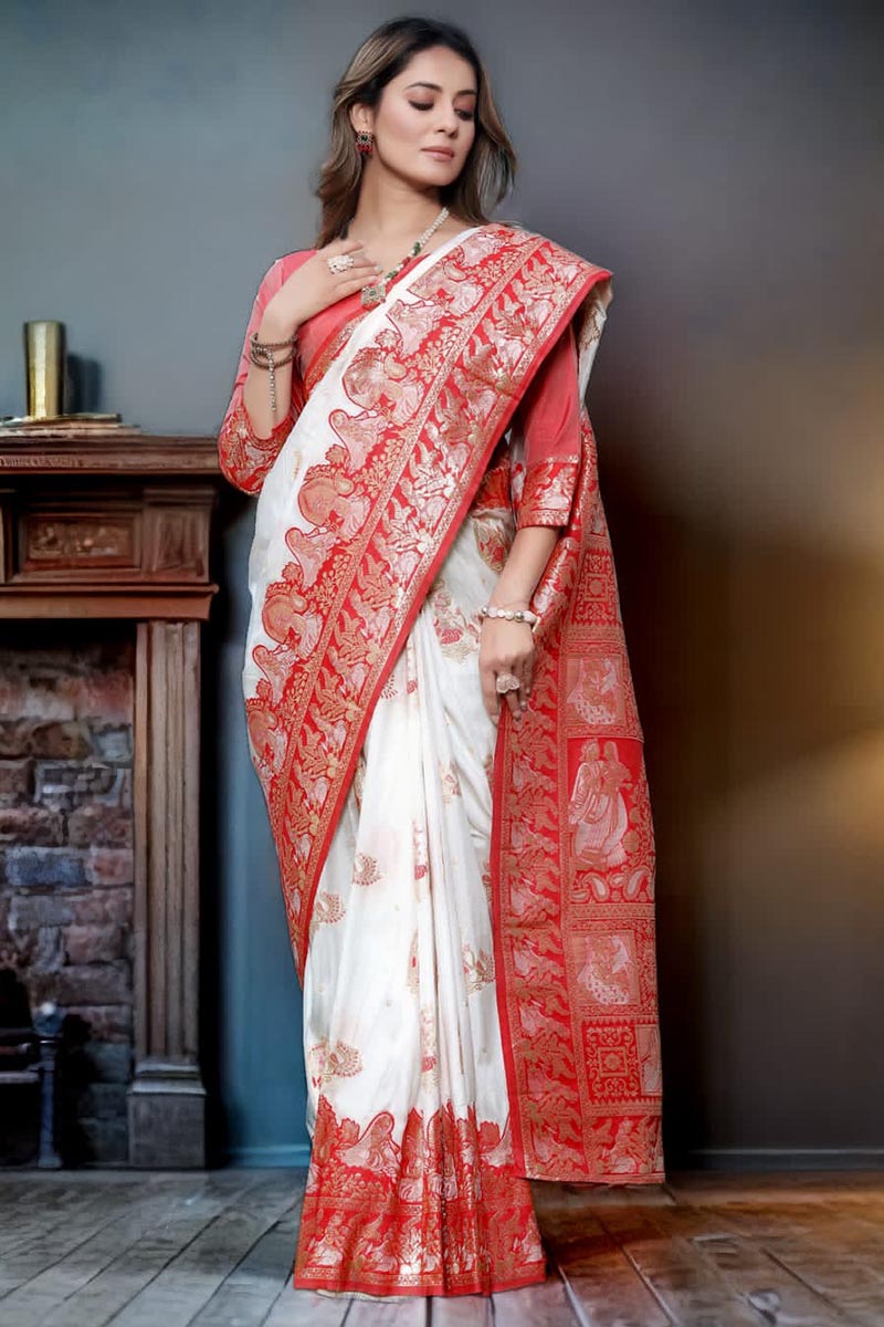 Glorious White Soft Banarasi Silk Saree With Pleasurable Blouse Piece