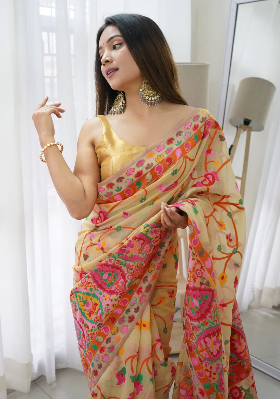 Felicitous Beige Pashmina Saree With Captivating Blouse Piece