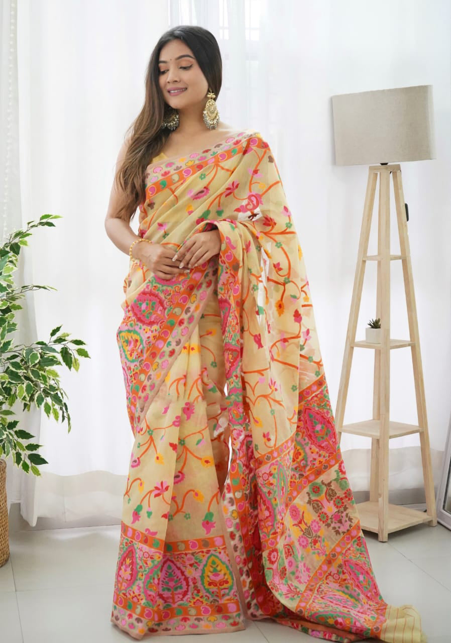 Felicitous Beige Pashmina Saree With Captivating Blouse Piece