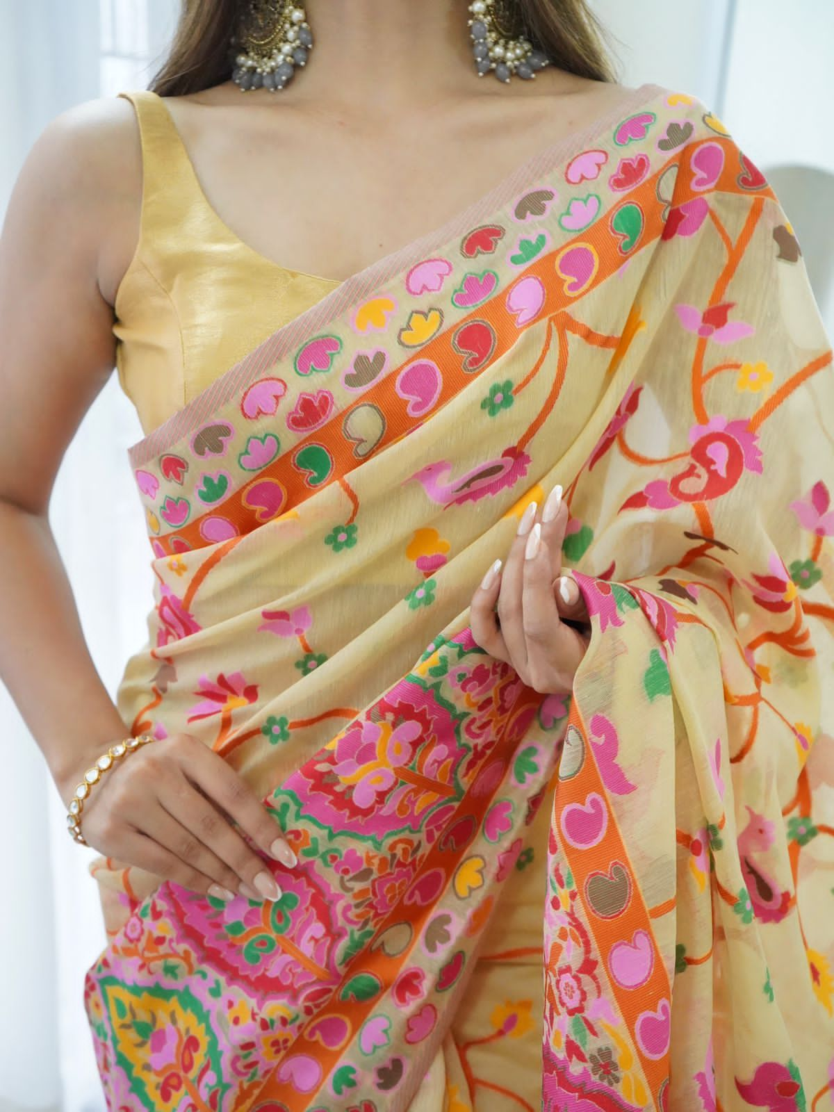 Felicitous Beige Pashmina Saree With Captivating Blouse Piece