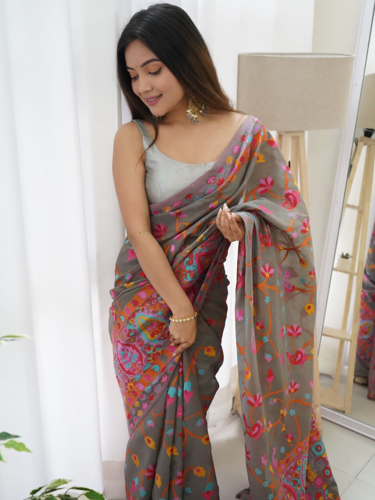 Symmetrical Grey Pashmina Saree With Ethnic Blouse Piece