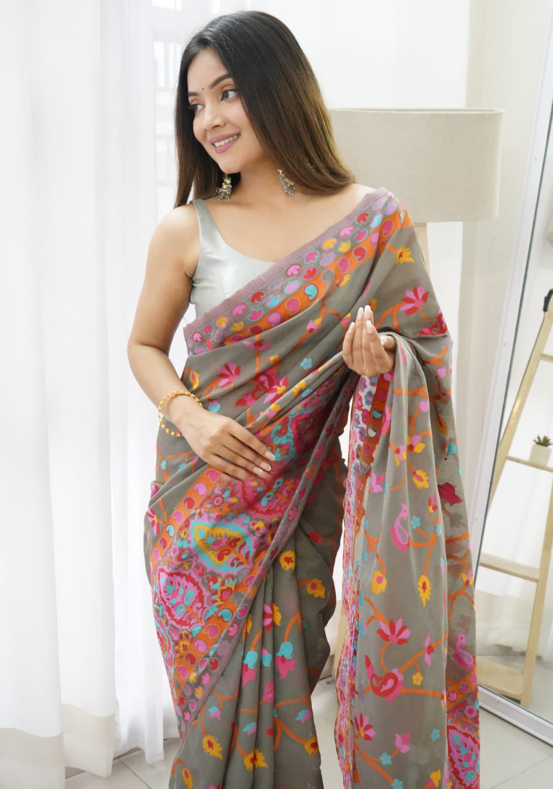 Symmetrical Grey Pashmina Saree With Ethnic Blouse Piece