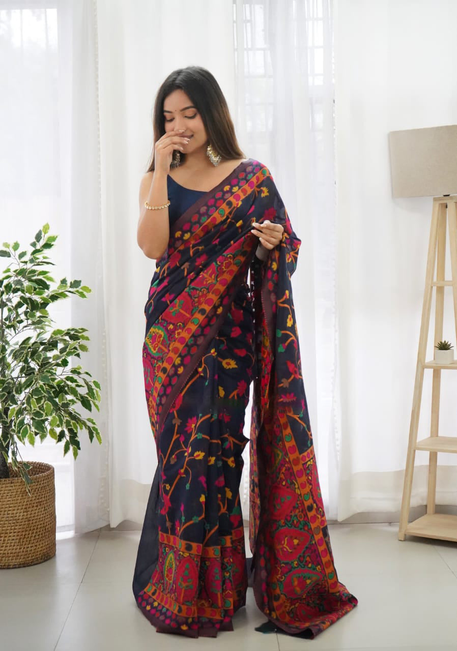 Bucolic Navy Blue Pashmina saree With Snappy Blouse Piece