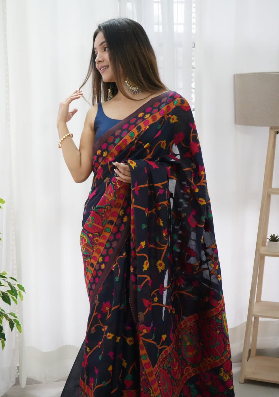 Bucolic Navy Blue Pashmina saree With Snappy Blouse Piece